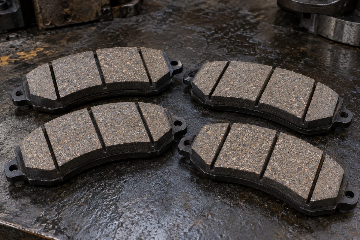 Severe-duty semi-metallic brake pad kit showing friction material and backing shims