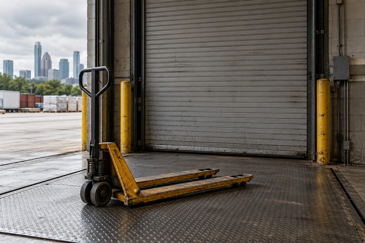 Freight delivery intake bay with commercial pallet jack at Austin warehouse