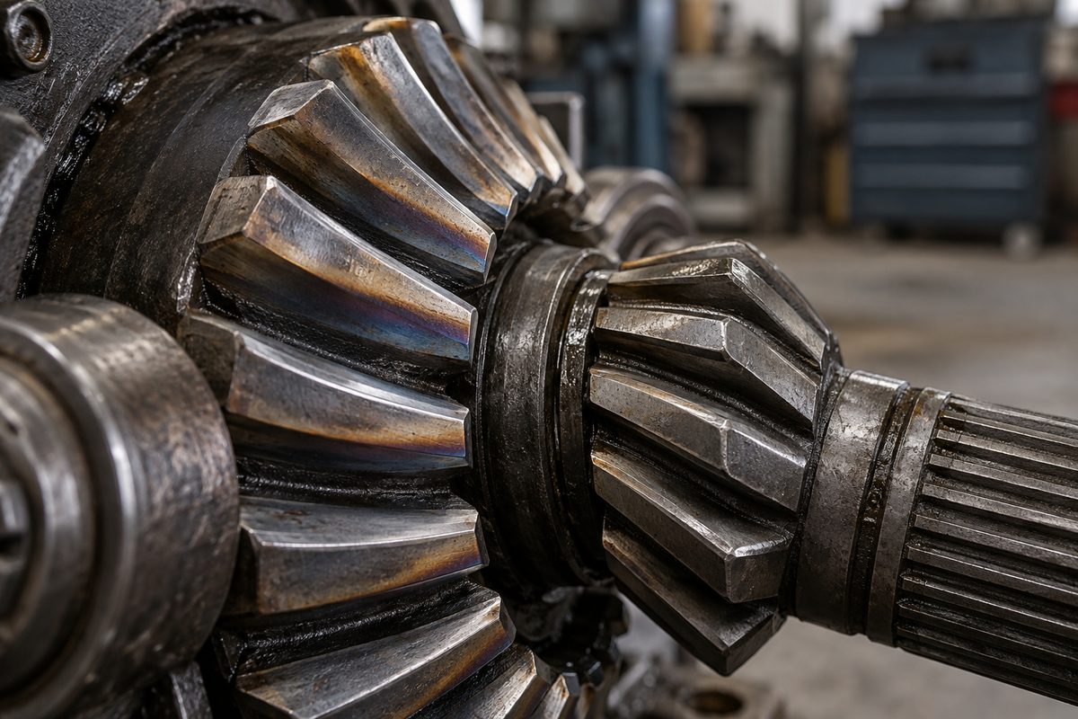 Macro detail of heat-treated steel gear teeth on machinery transmission gear